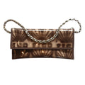 Hand printed handbag with a chain strap on a white background