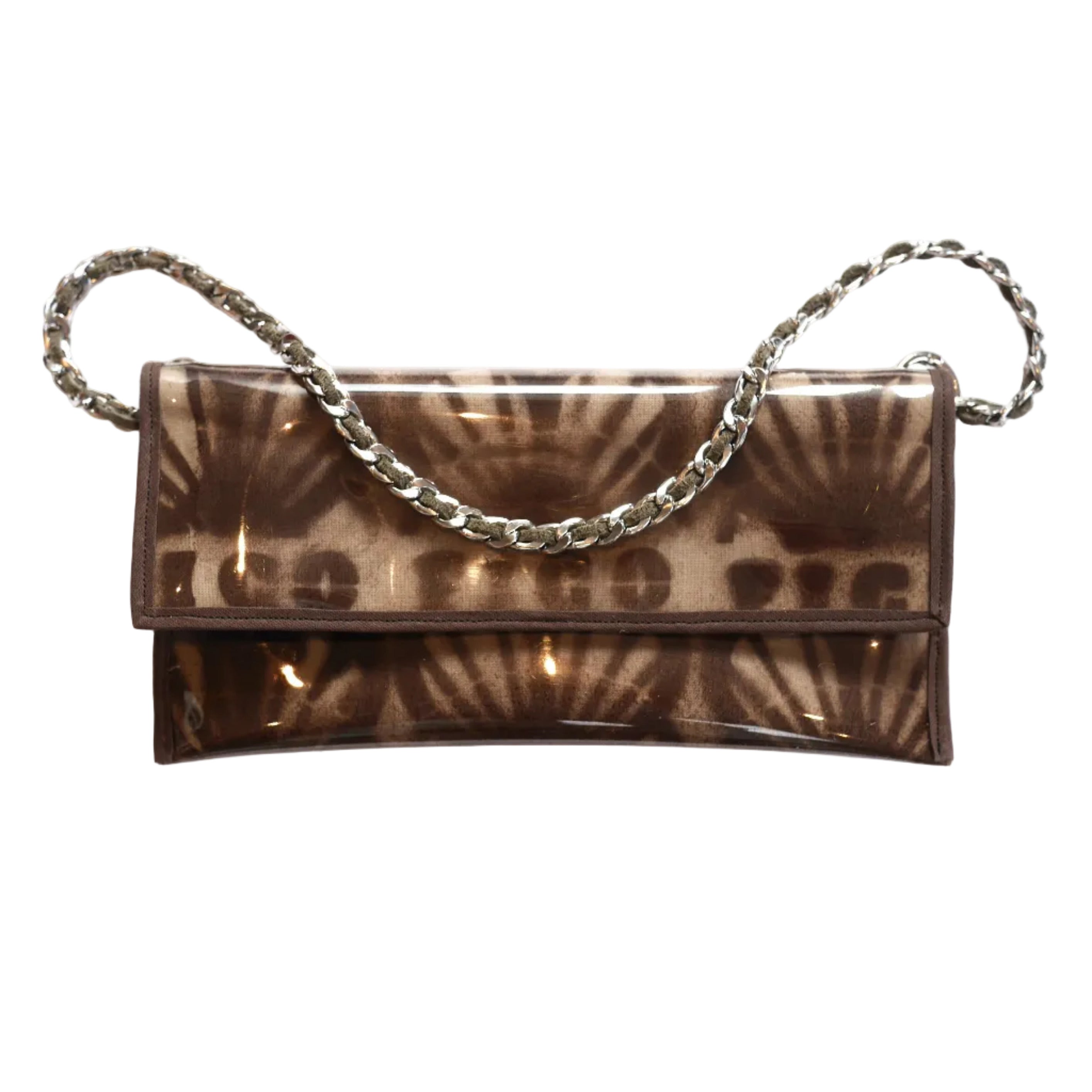 Hand printed handbag with a chain strap on a white background