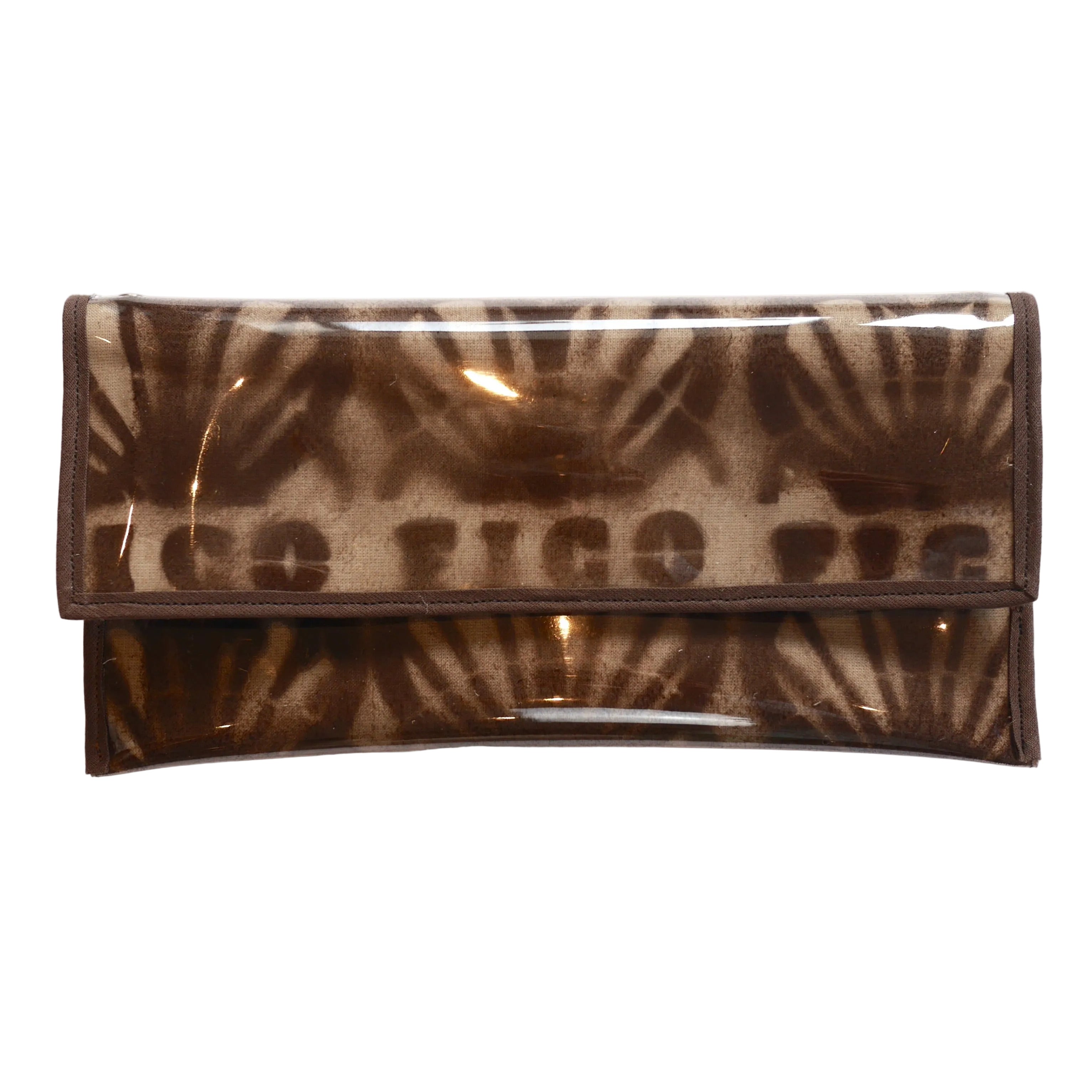 Brown and black patterned wallet on a white background