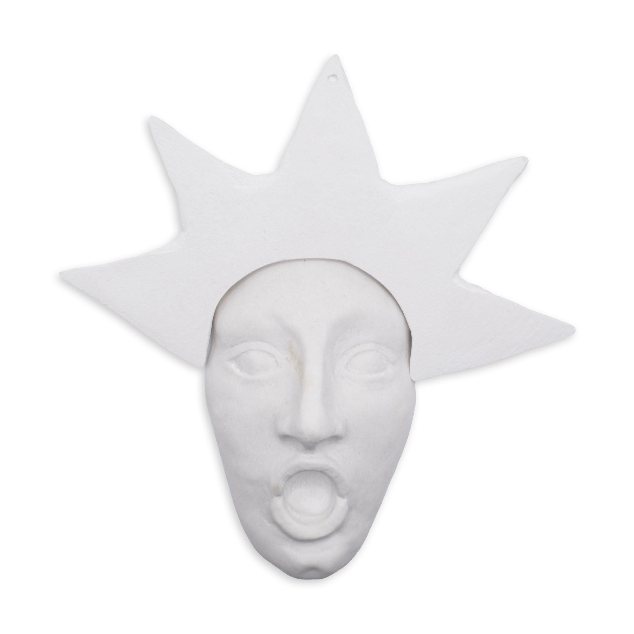 white acquacast sculpture of a face with a star crown