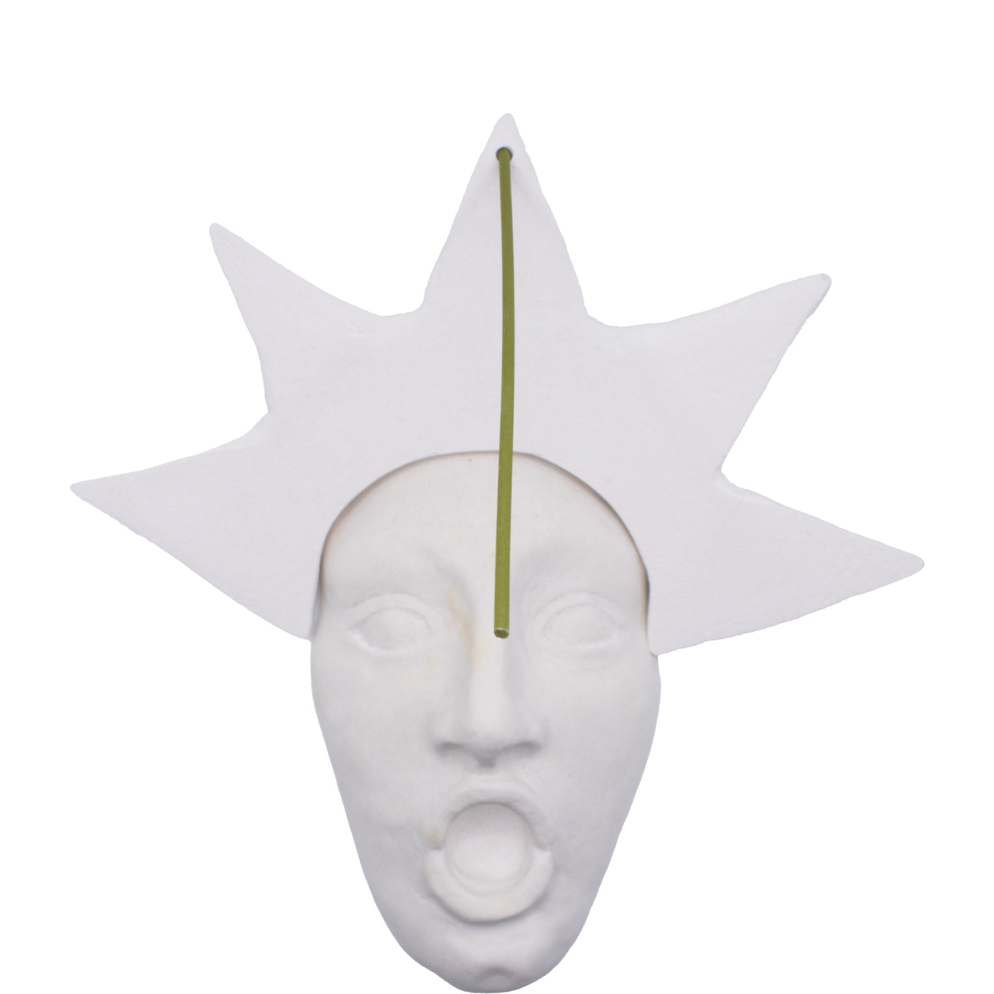 white acquacast sculpture of a face with a star crown