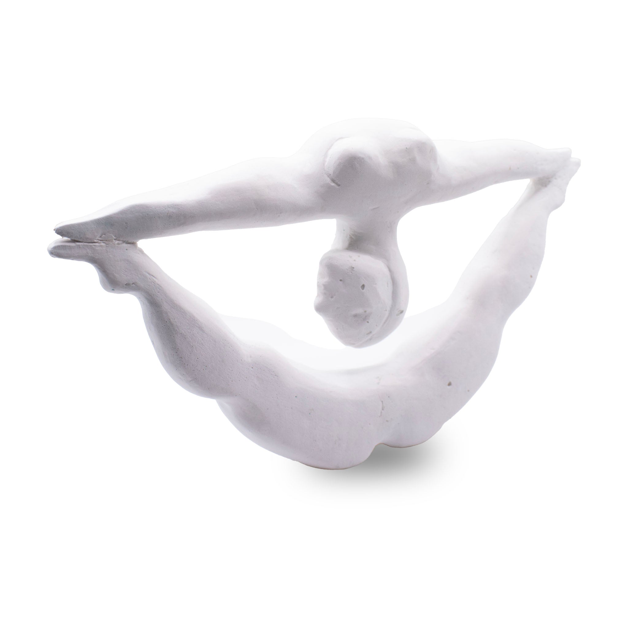 White acquacast sculpture of a contortionist nude figure on a white background