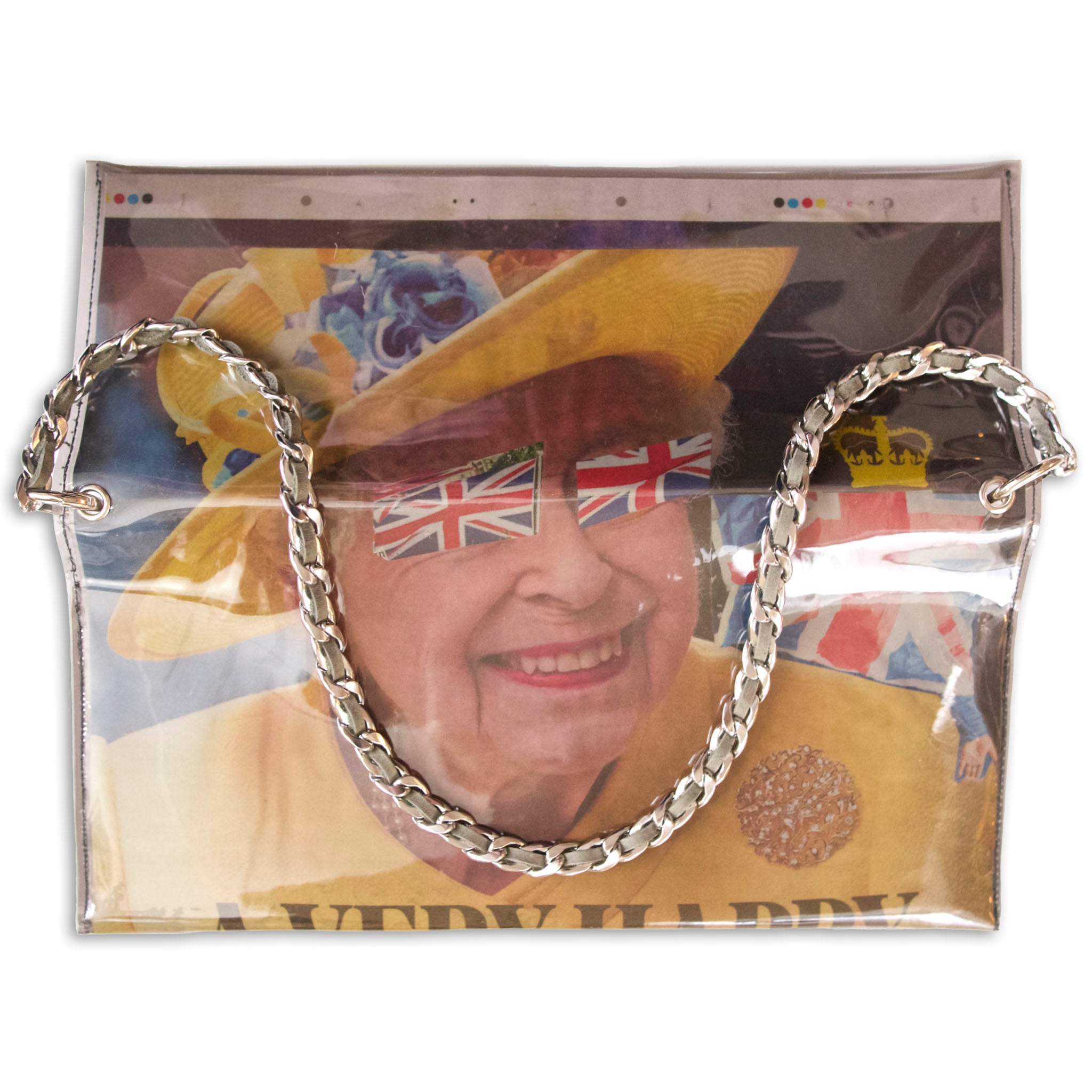 Clutch bag made from recycled newspaper with a chain strap 