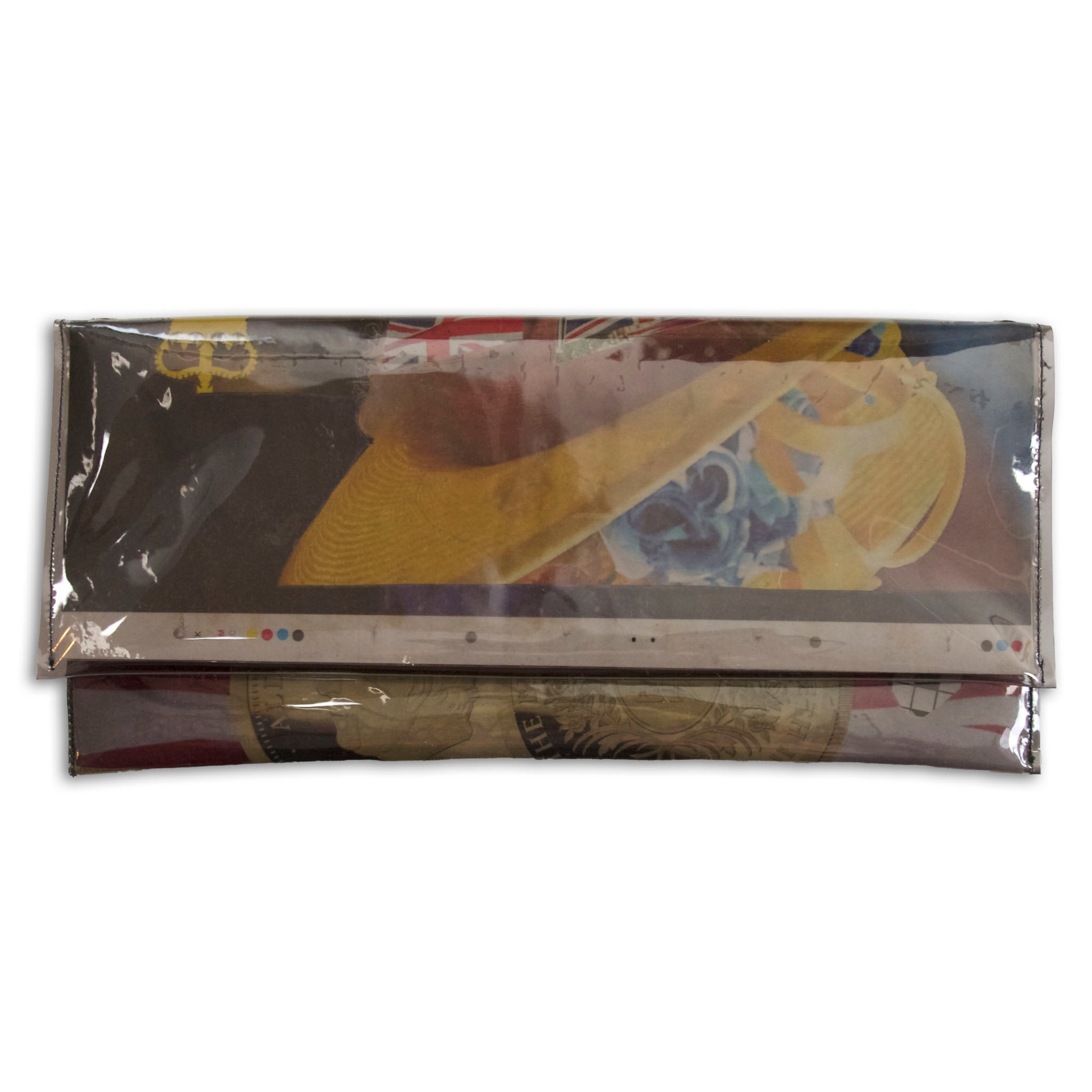 Clutch bag made from recycled newspaper with a chain strap 