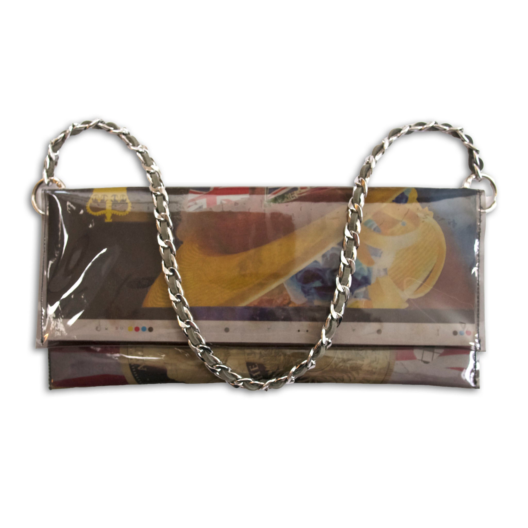 Clutch bag made from recycled newspaper with a chain strap 