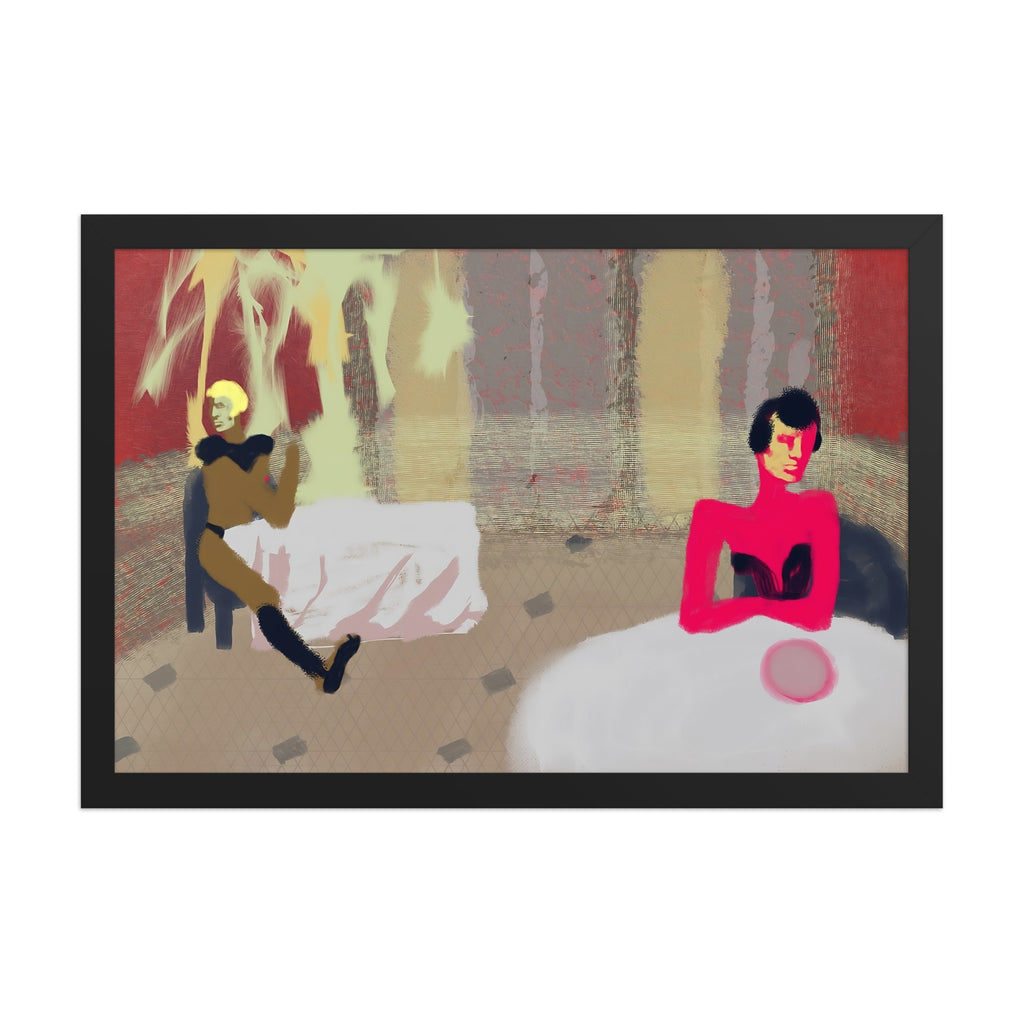 Art print of two colourful figures seated at tables over a tiled floor