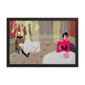 Art print of two colourful figures seated at tables over a tiled floor