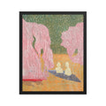 Artistic depiction of two figures kayaking under pink trees in a landscape.
