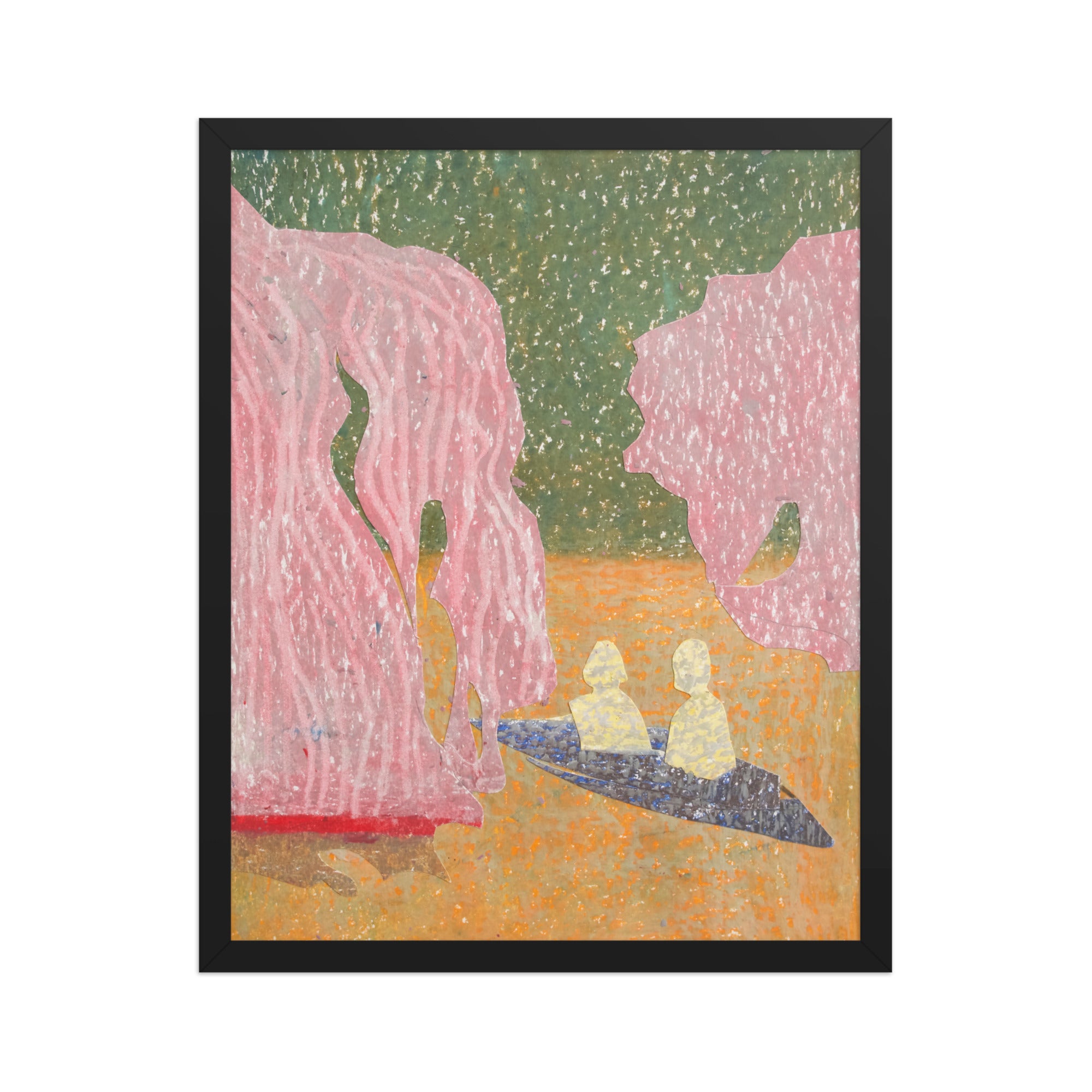 Artistic depiction of two figures kayaking under pink trees in a landscape.