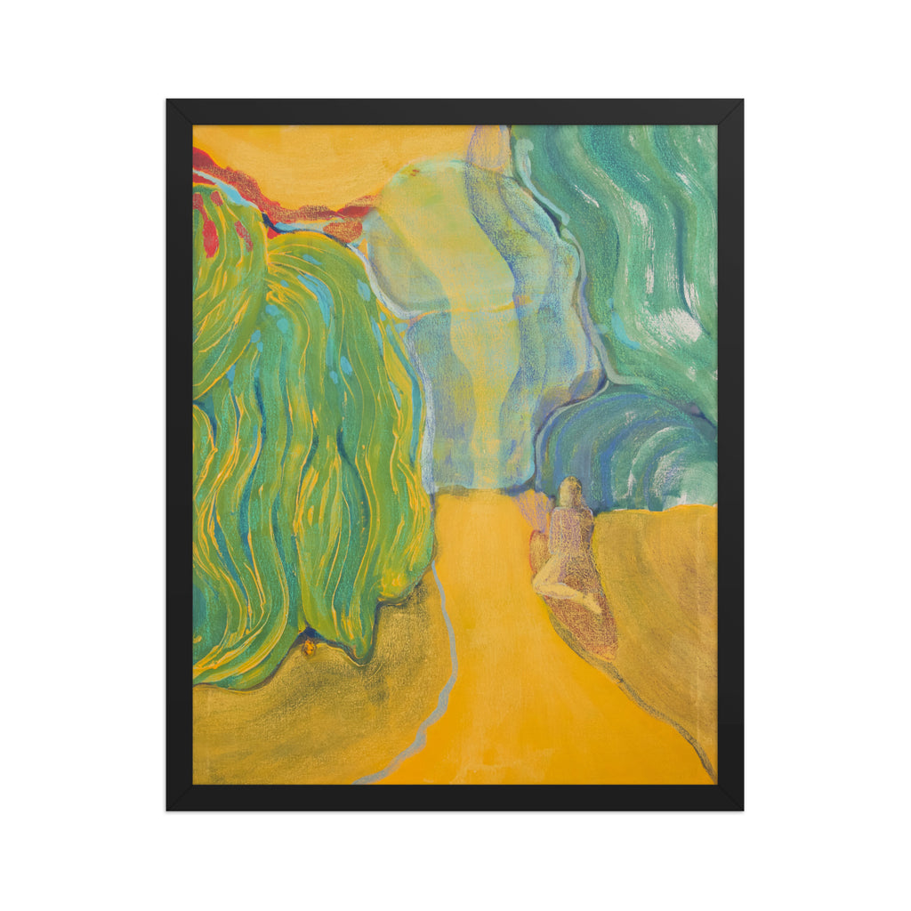 Abstract artwork with wavy green and blue willow trees on a yellow background