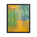 Abstract artwork with wavy green and blue willow trees on a yellow background
