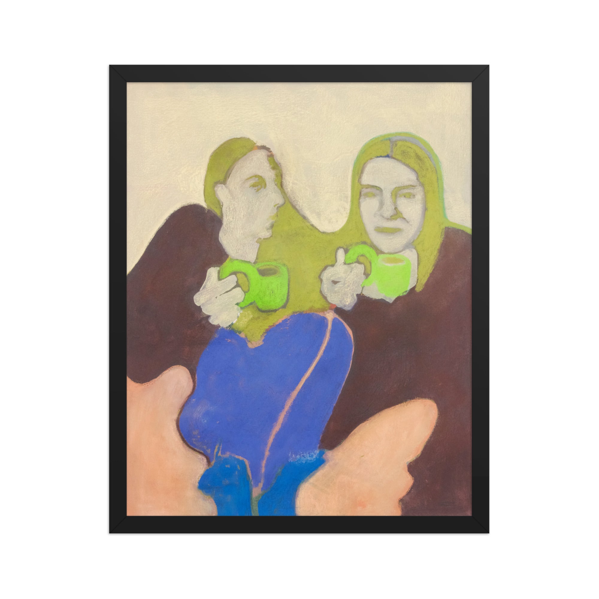 Artistic depiction of two figures holding green mugs against a beige background