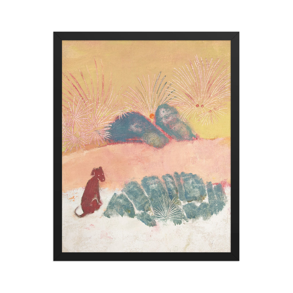 Framed artwork with a stylized landscape and a dog on a beige background