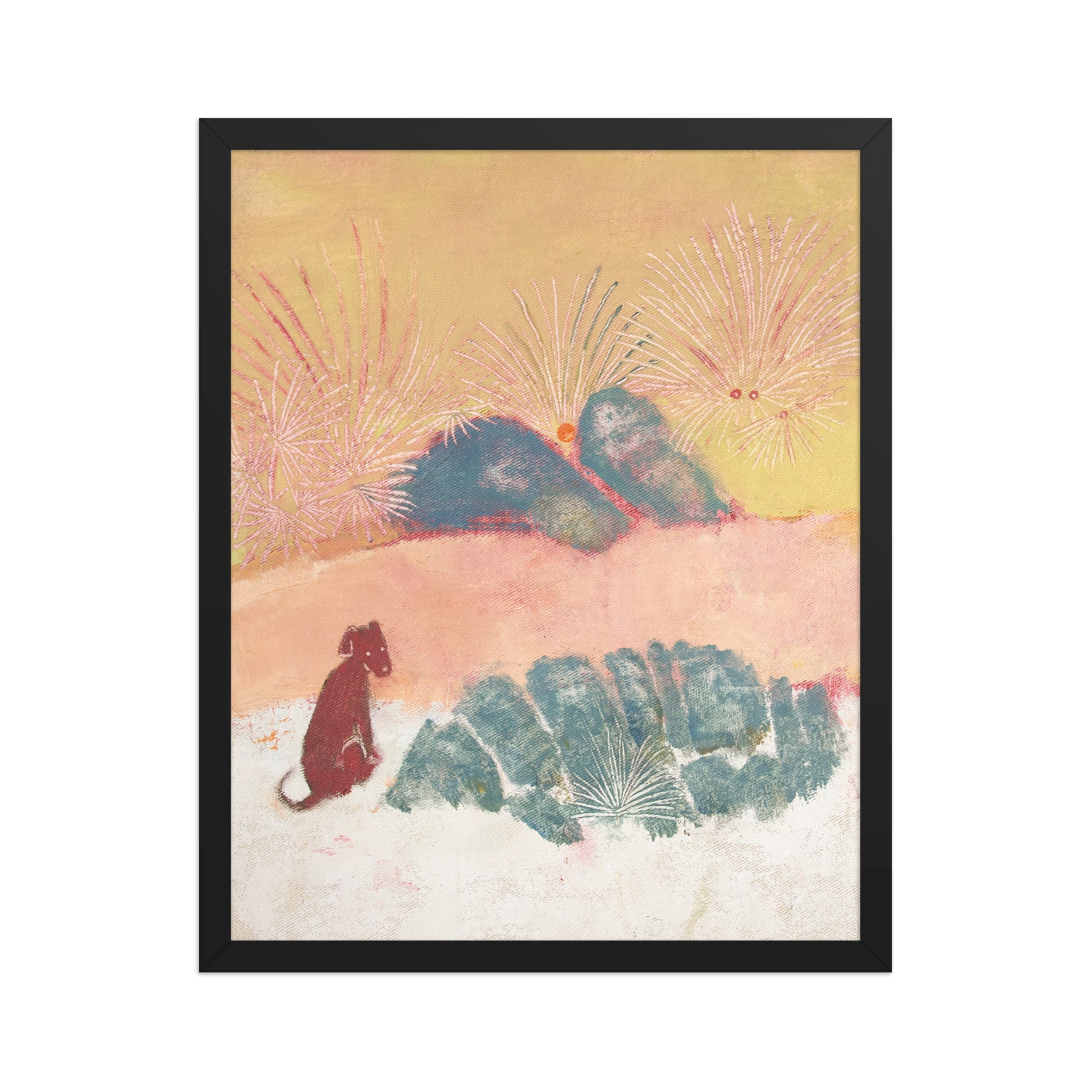 Framed artwork with a stylized landscape and a dog on a beige background