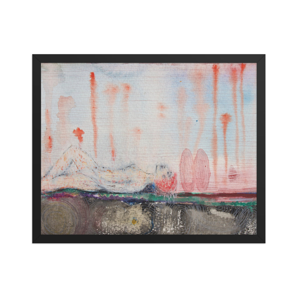 Abstract painting of a girl laying with red, blue, and pink hues on a white background