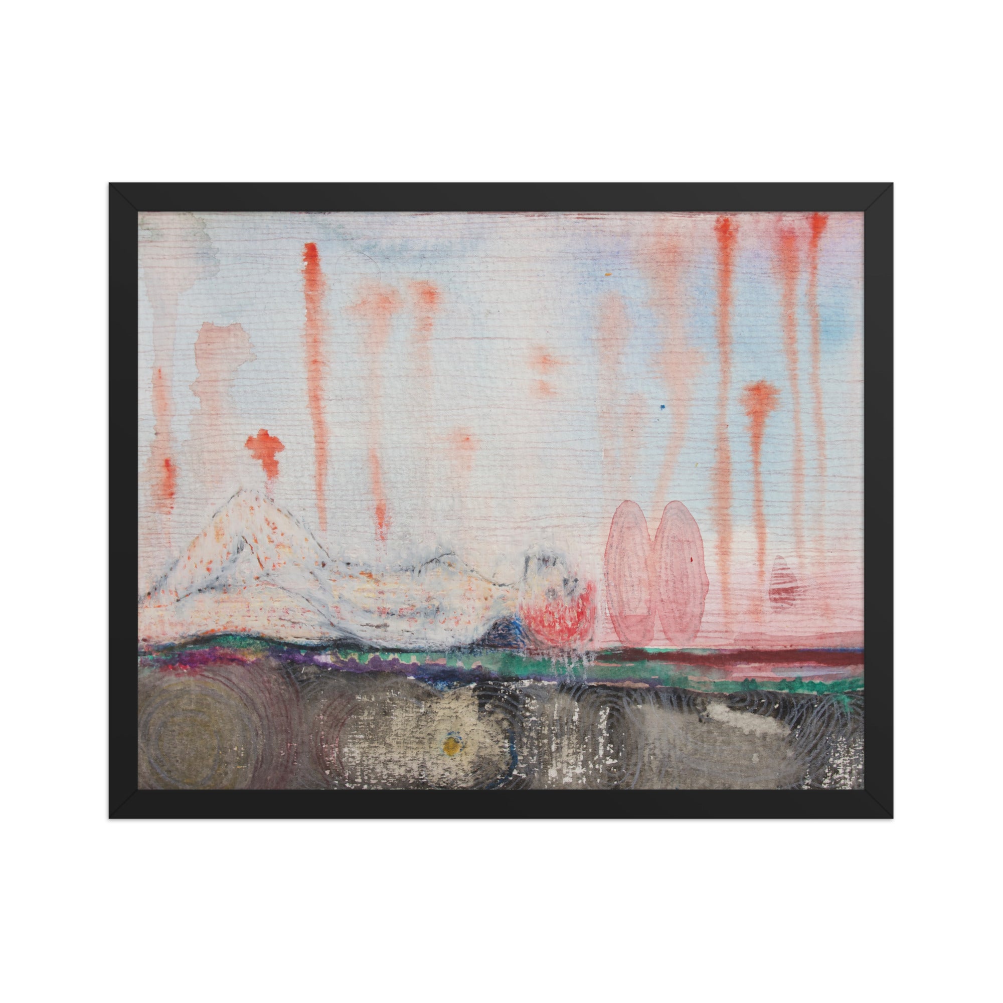 Abstract painting of a girl laying with red, blue, and pink hues on a white background