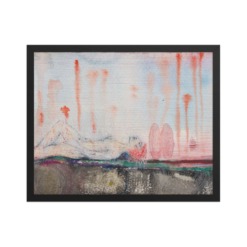 Abstract painting of a girl laying with red, blue, and pink hues on a white background