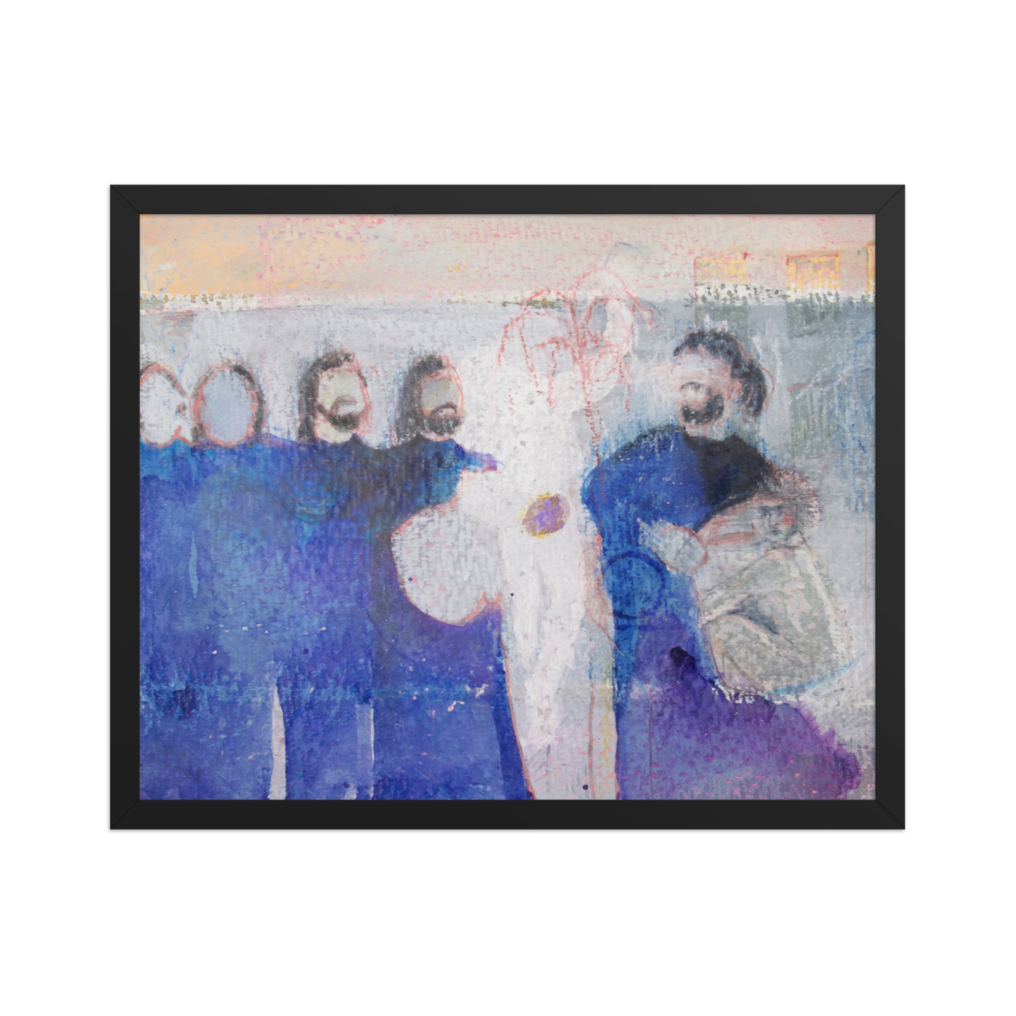 Framed artwork of a band in blue clothing with a central figure holding a guitar.