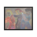 Abstract artwork of three figures leaning against each other