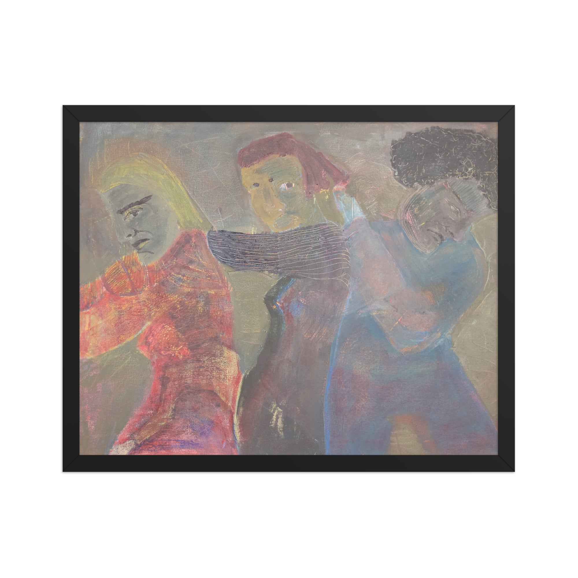 Abstract artwork of three figures leaning against each other