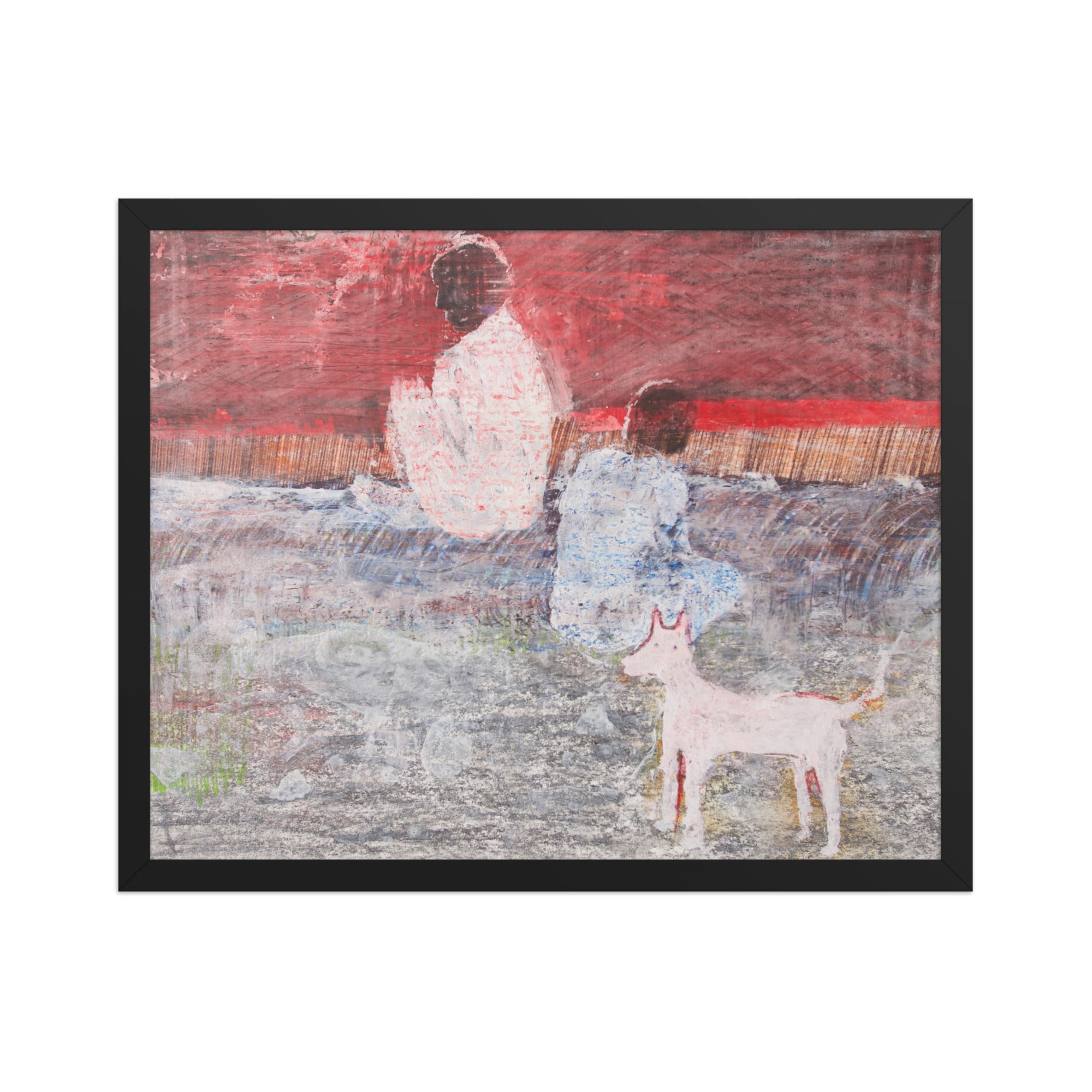 Framed artwork of two figures with a dog against a red sky.