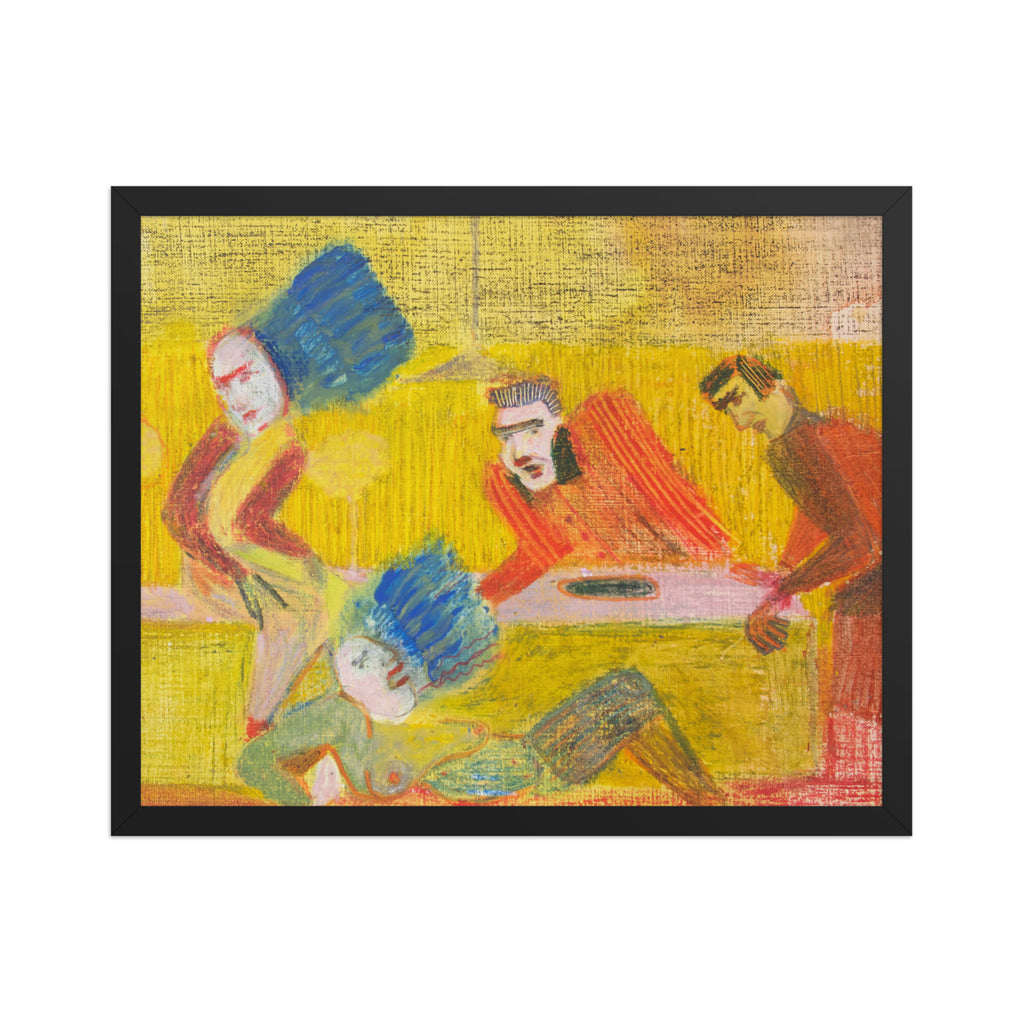 Artistic depiction of four figures with colorful clothing on a textured yellow background