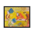 Artistic depiction of four figures with colorful clothing on a textured yellow background