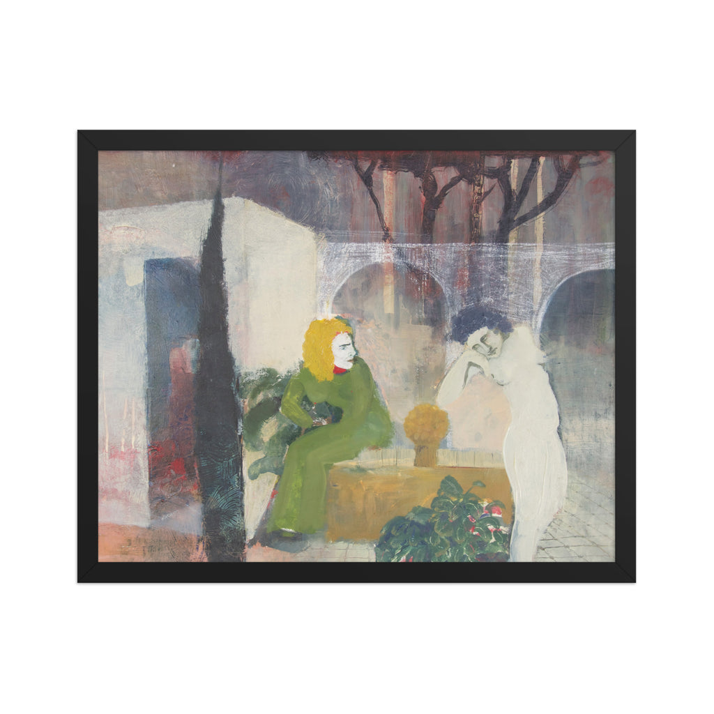 Framed artwork of a woman in a green dress sitting next to a white figure in an outdoor setting.