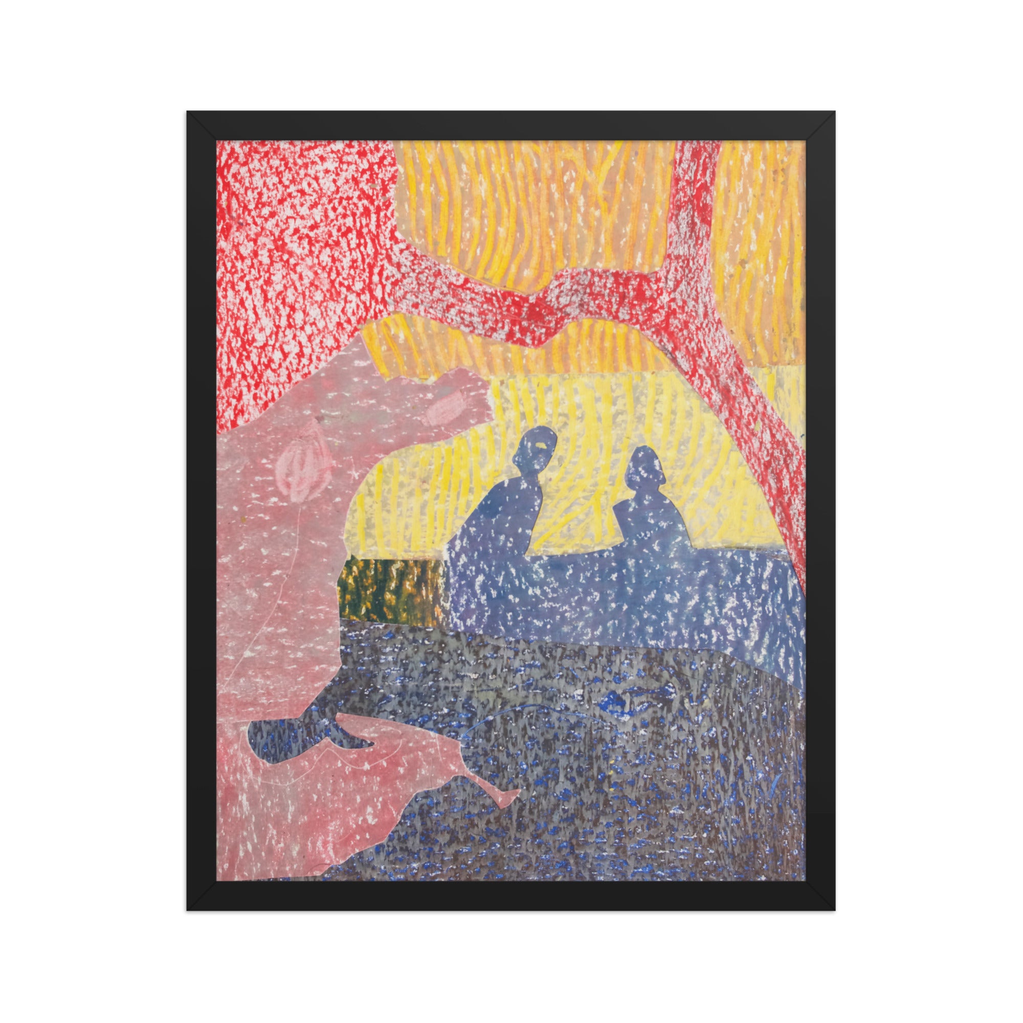 Abstract artwork with colorful patterns and silhouettes on a white background