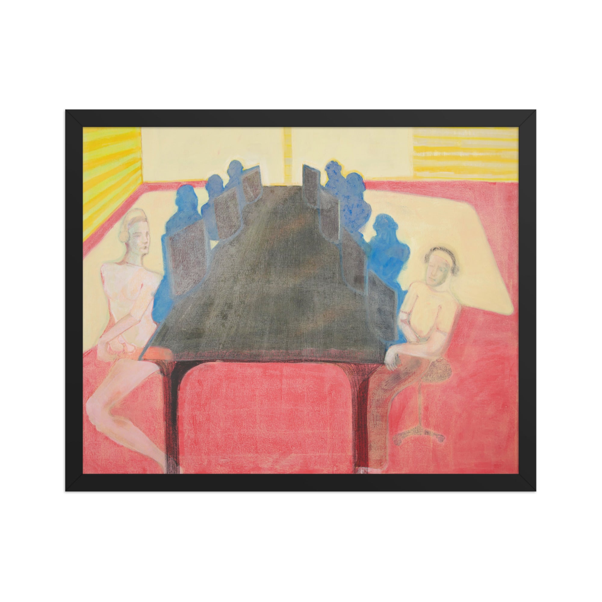 Artistic depiction of a group of people in an office setting with computers with abstract elements and vibrant colors.