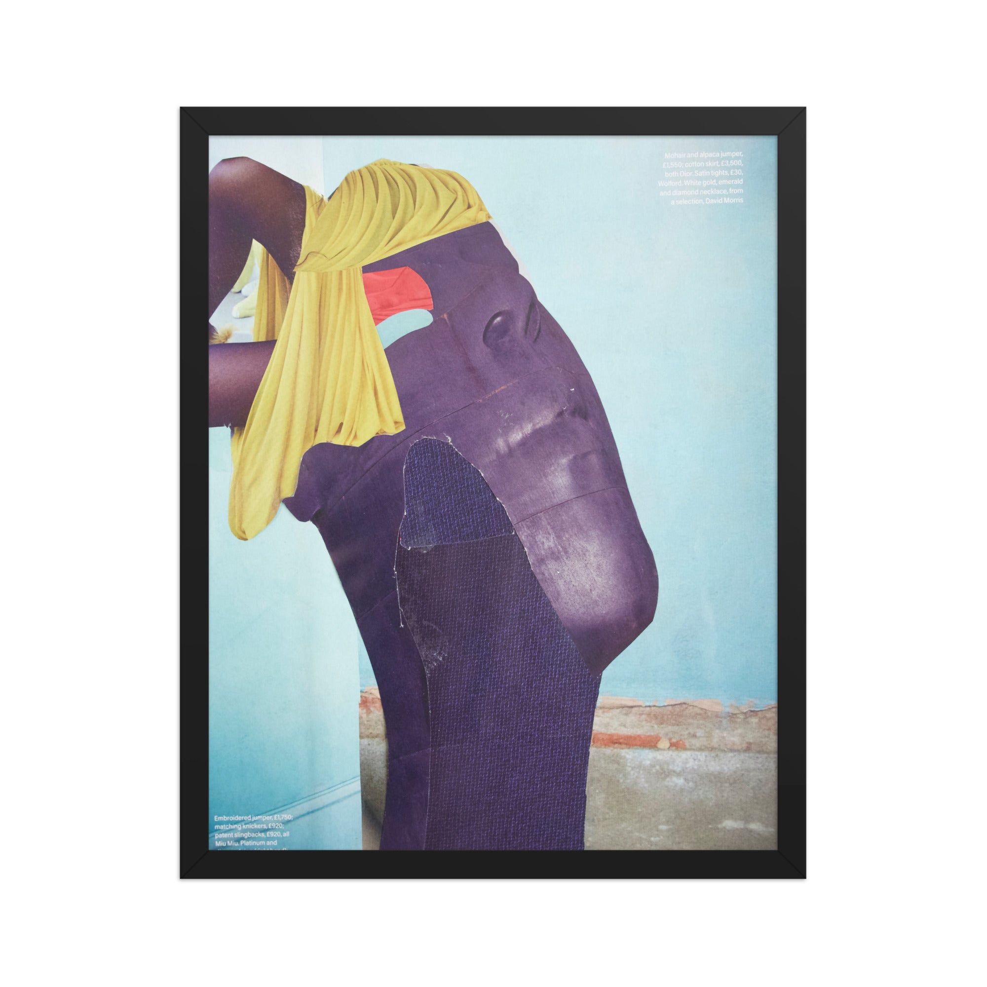 Framed artwork of a person with a yellow headscarf and purple face against a blue background