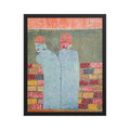 Abstract artwork of two figures with a colorful geometric brick wall