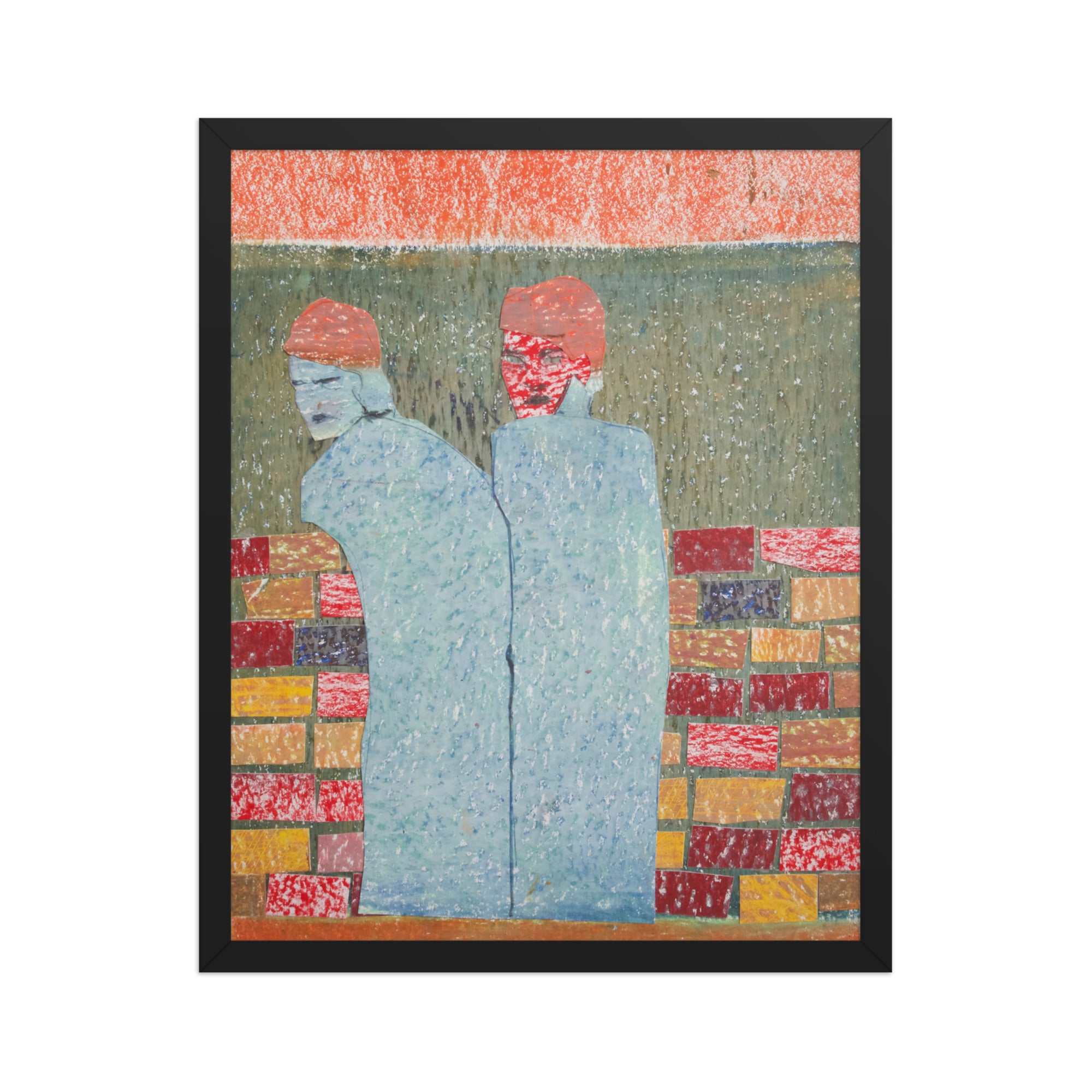 Abstract artwork of two figures with a colorful geometric brick wall