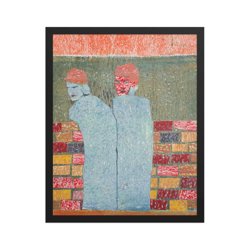 Abstract artwork of two figures with a colorful geometric brick wall