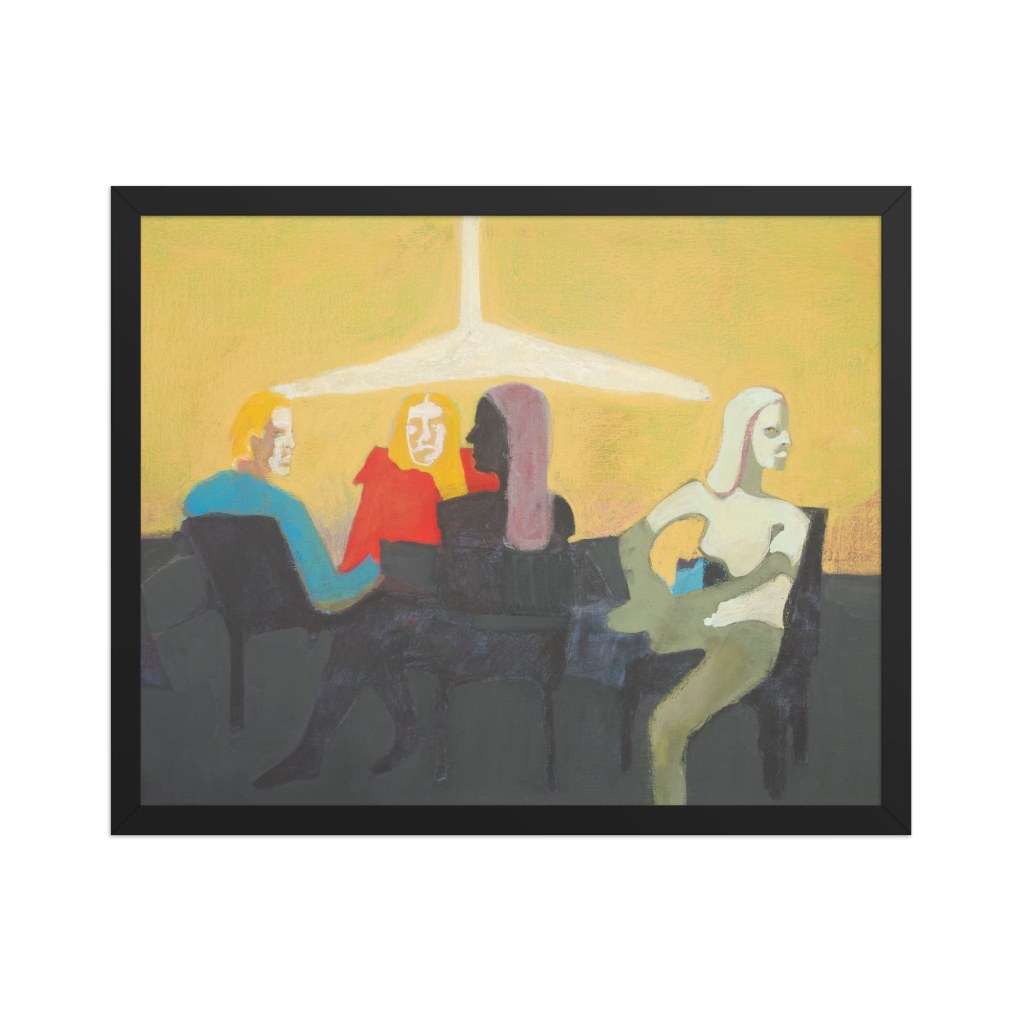 Artistic depiction of people sitting at a table with a yellow wall and white ceiling light in the background.