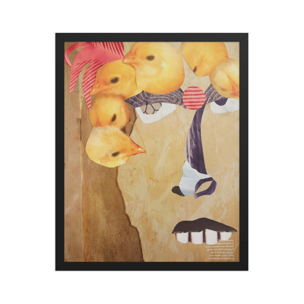 artist collage of a yellow face with big teeth and chicks over its head