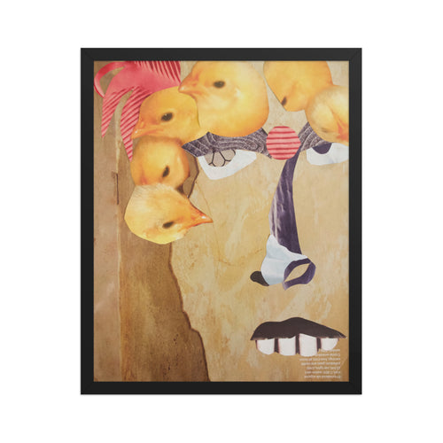 artist collage of a yellow face with big teeth and chicks over its head