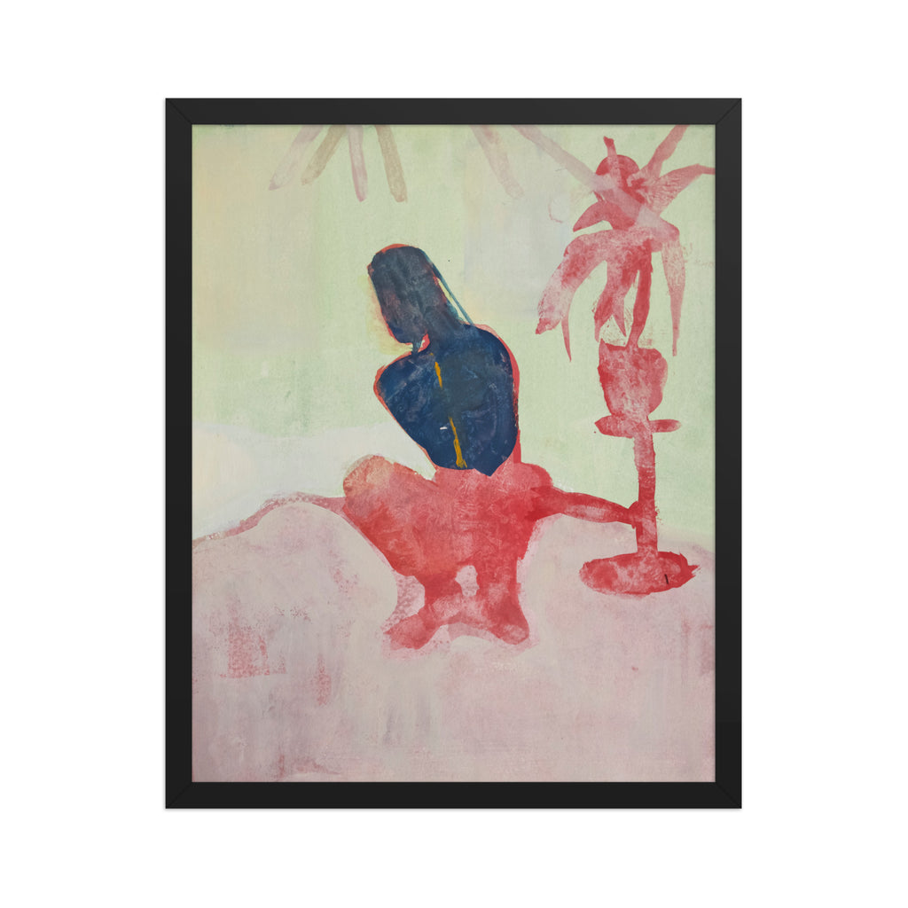 Abstract artwork with a figure on a light green background and a red palm tree