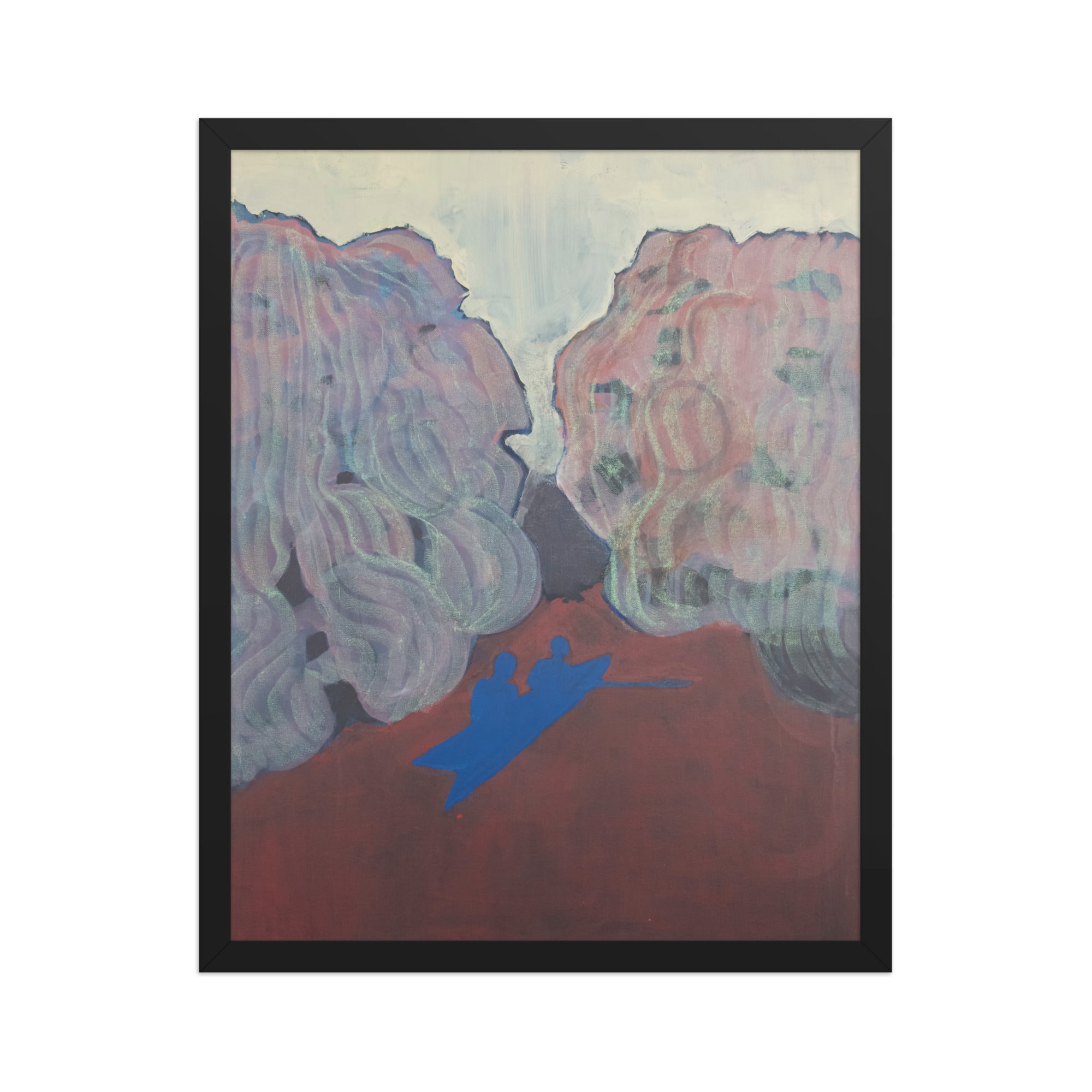 Abstract artwork with two large expressive willow trees and a blue silhouette of a kayak 