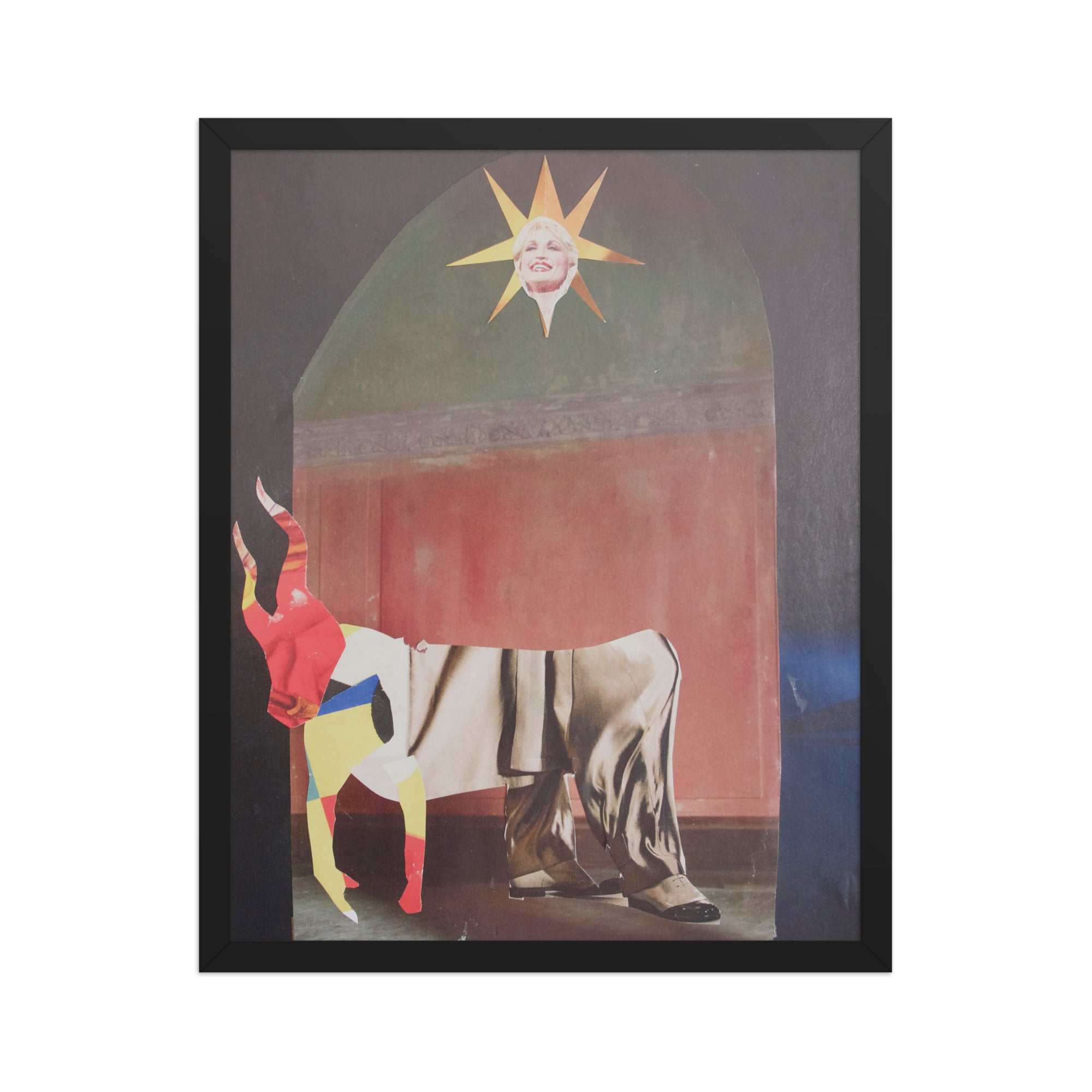 Framed artwork with a colorful collage of a bull-like creature and a sun with the face of dolly parton