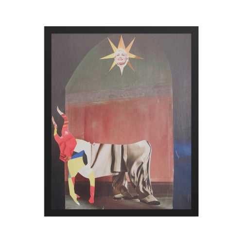 Framed artwork with a colorful collage of a bull-like creature and a sun with the face of dolly parton