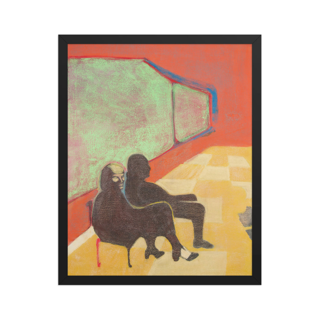 Artistic depiction of two figures sitting in a colourful room