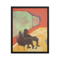 Artistic depiction of two figures sitting in a colourful room