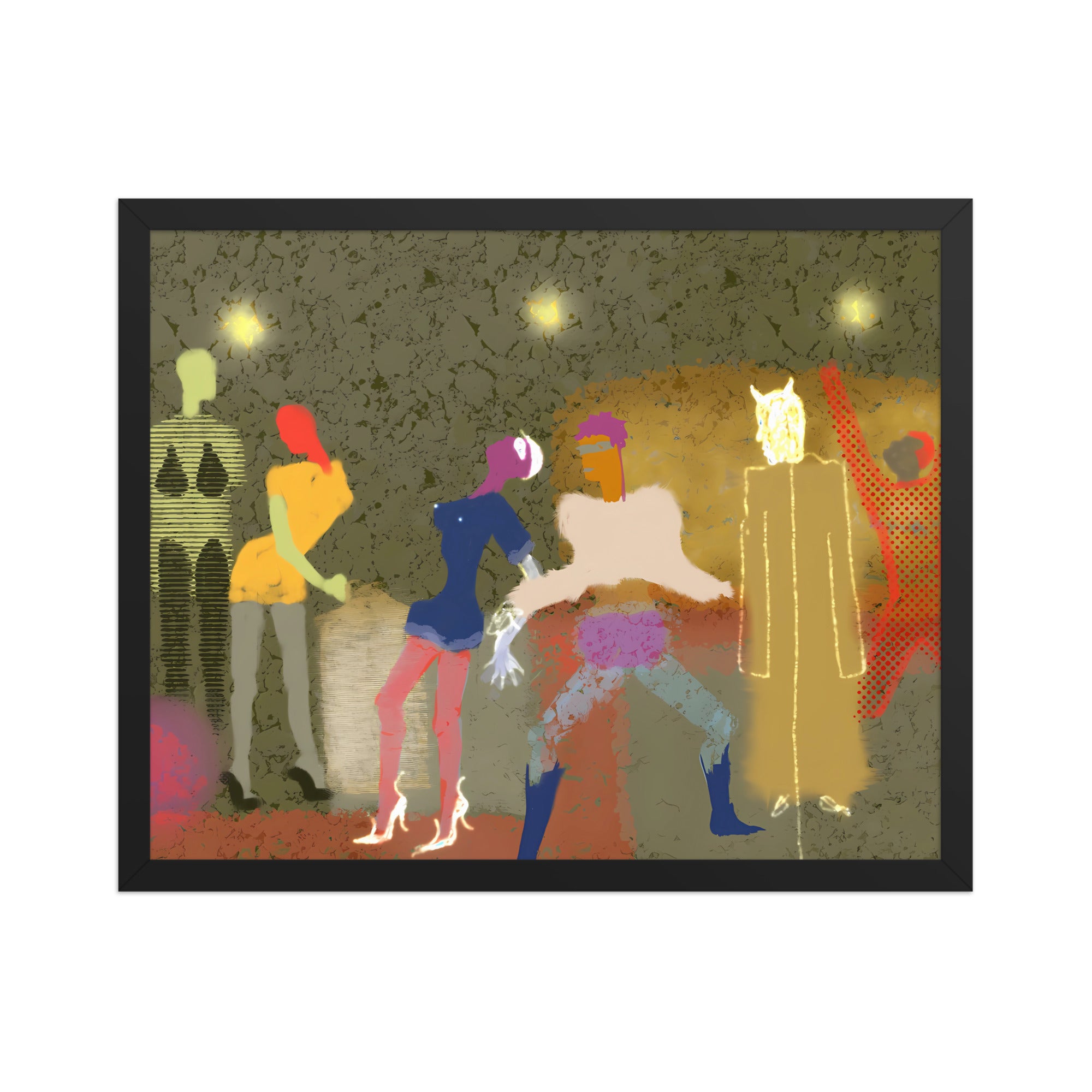 artist print of colourful figures dancing at a party with a devil