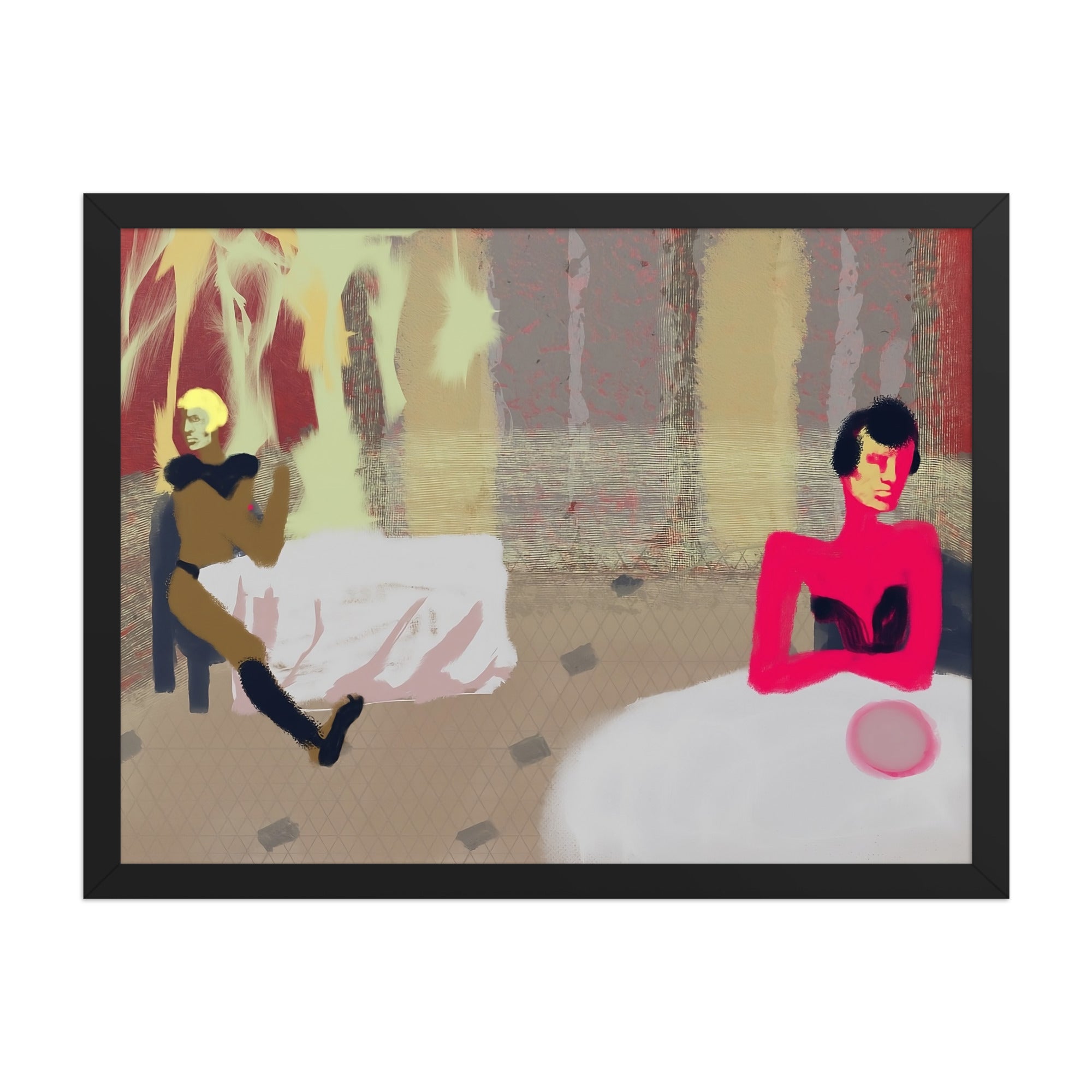 Art print of two colourful figures seated at tables over a tiled floor