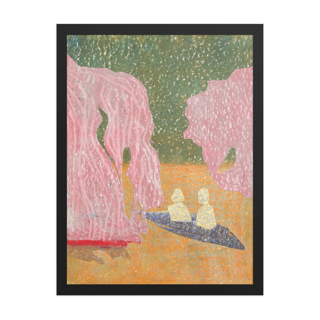 Artistic depiction of two figures kayaking under pink trees in a landscape.