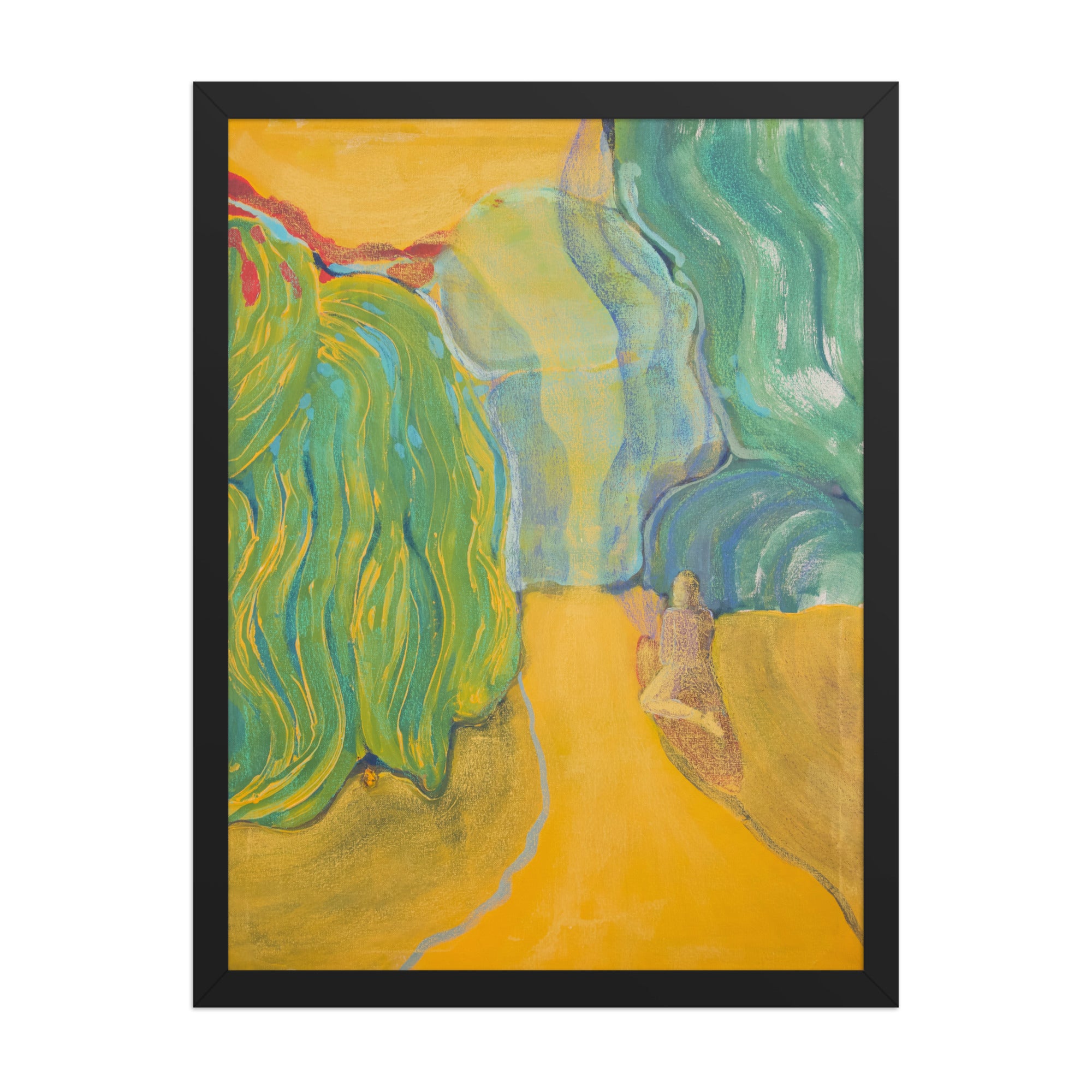 Abstract artwork with wavy green and blue willow trees on a yellow background