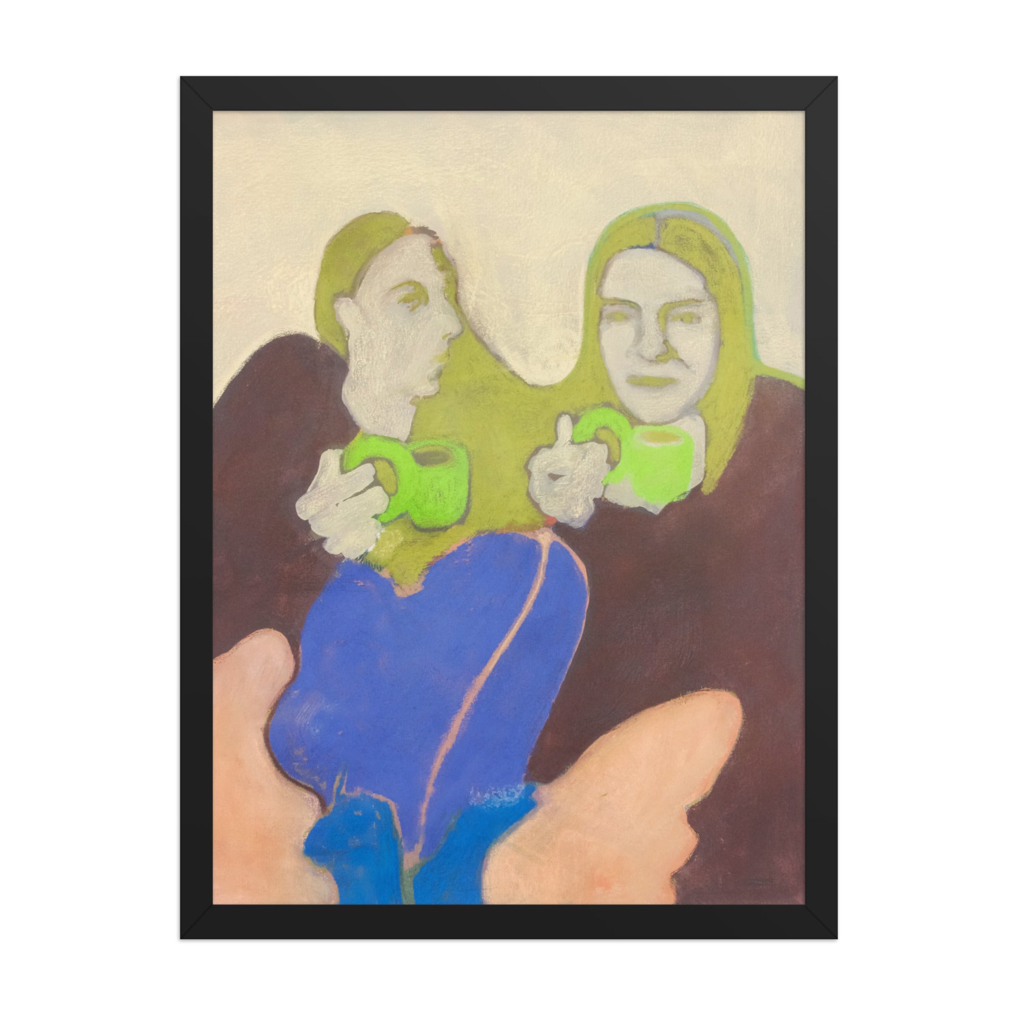 Artistic depiction of two figures holding green mugs against a beige background