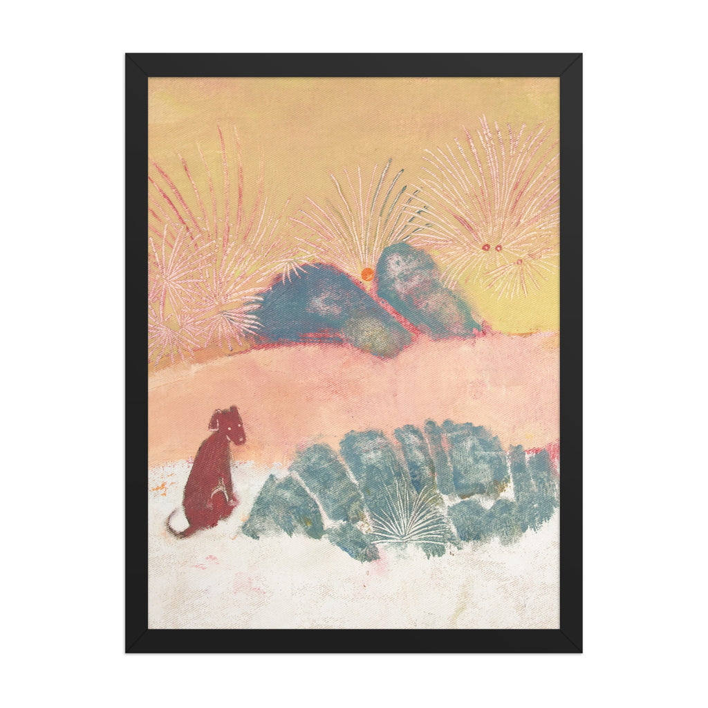 Framed artwork with a stylized landscape and a dog on a beige background