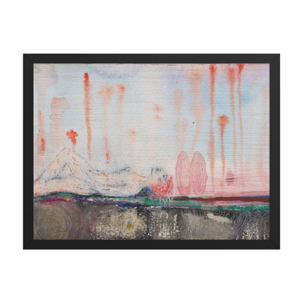 Abstract painting of a girl laying with red, blue, and pink hues on a white background